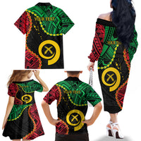 Personalised Vanuatu 44th Anniversary Family Matching Off The Shoulder Long Sleeve Dress and Hawaiian Shirt Tugeta Yumi Selebretem Indipendens Dei LT9 - Polynesian Pride