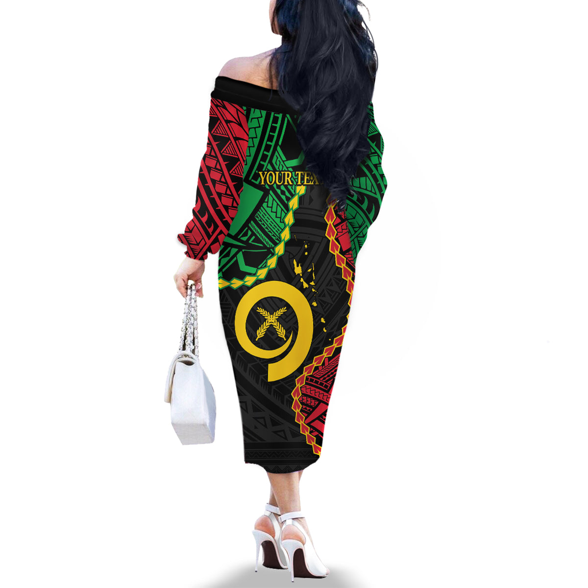 Personalised Vanuatu 44th Anniversary Family Matching Off The Shoulder Long Sleeve Dress and Hawaiian Shirt Tugeta Yumi Selebretem Indipendens Dei LT9 - Polynesian Pride