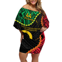 Personalised Vanuatu 44th Anniversary Family Matching Off Shoulder Short Dress and Hawaiian Shirt Tugeta Yumi Selebretem Indipendens Dei LT9 Mom's Dress Black - Polynesian Pride