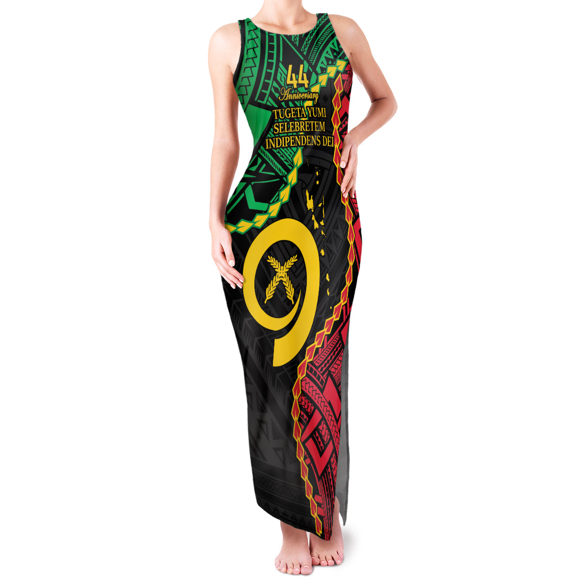 Personalised Vanuatu 44th Anniversary Family Matching Tank Maxi Dress and Hawaiian Shirt Tugeta Yumi Selebretem Indipendens Dei LT9 Mom's Dress Black - Polynesian Pride