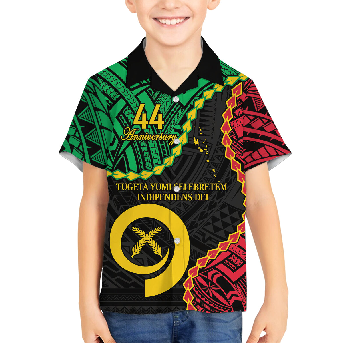 Personalised Vanuatu 44th Anniversary Family Matching Tank Maxi Dress and Hawaiian Shirt Tugeta Yumi Selebretem Indipendens Dei LT9 Son's Shirt Black - Polynesian Pride