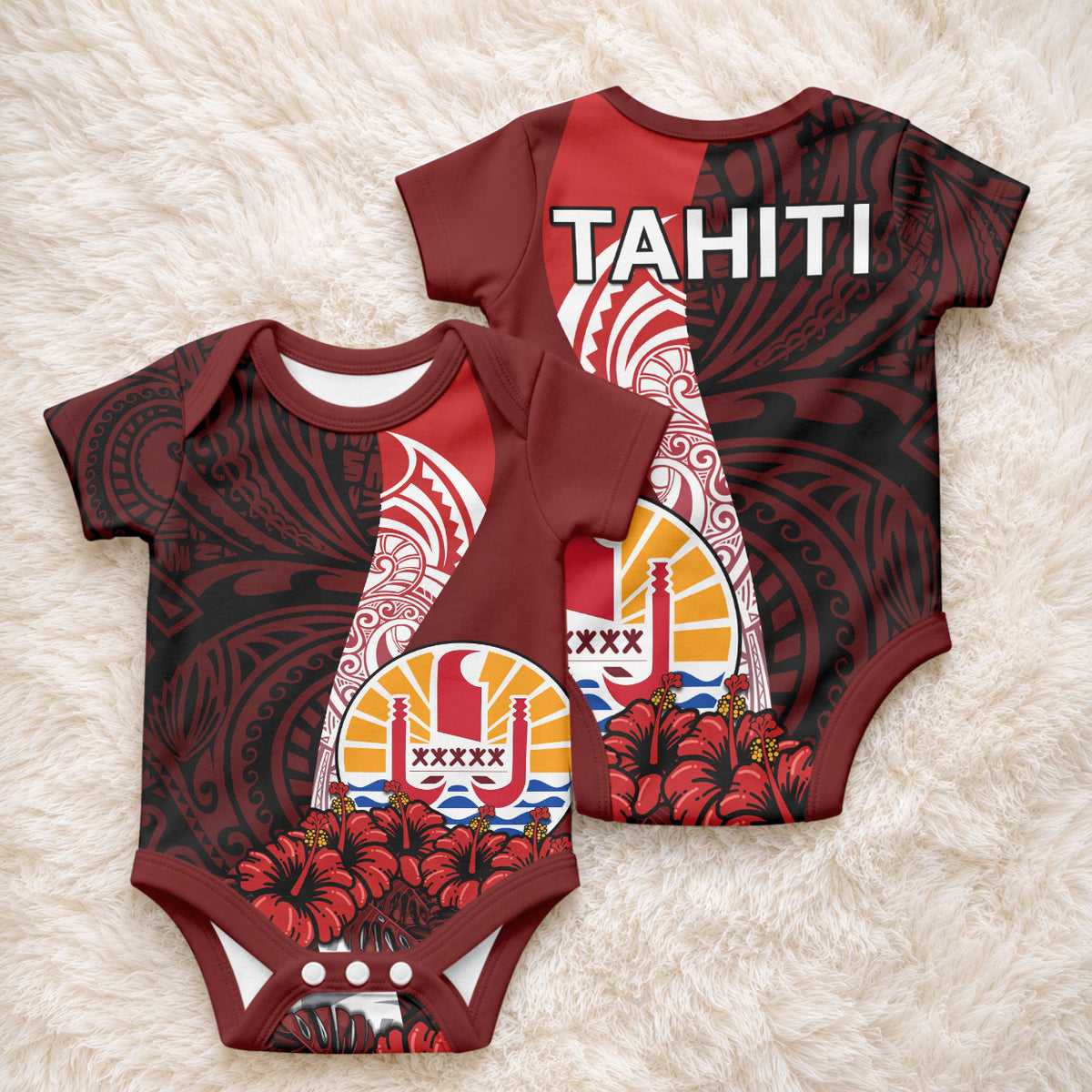 Tahiti Baby Onesie Polynesian Coat Of Arm With Hibiscus LT9 - Polynesian Pride