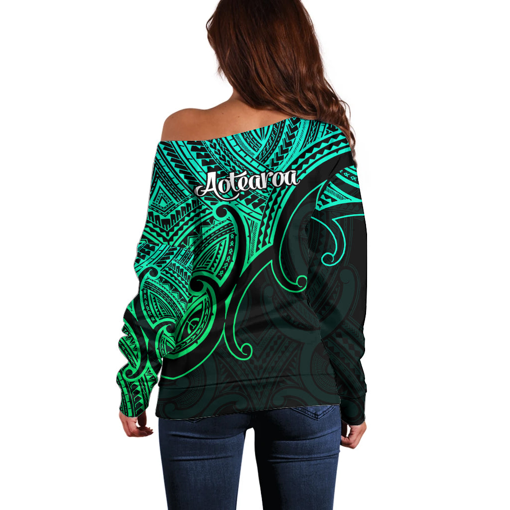 Aotearoa Maori Koru Off Shoulder Sweater Polynesian Pacific Tribal - Green LT9 - Polynesian Pride