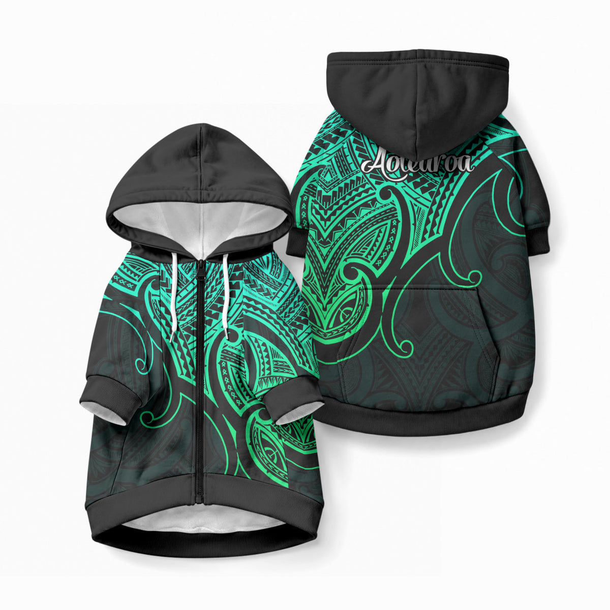 Aotearoa Maori Koru Pet Hoodie Polynesian Pacific Tribal - Green LT9 Zip-up Green - Polynesian Pride