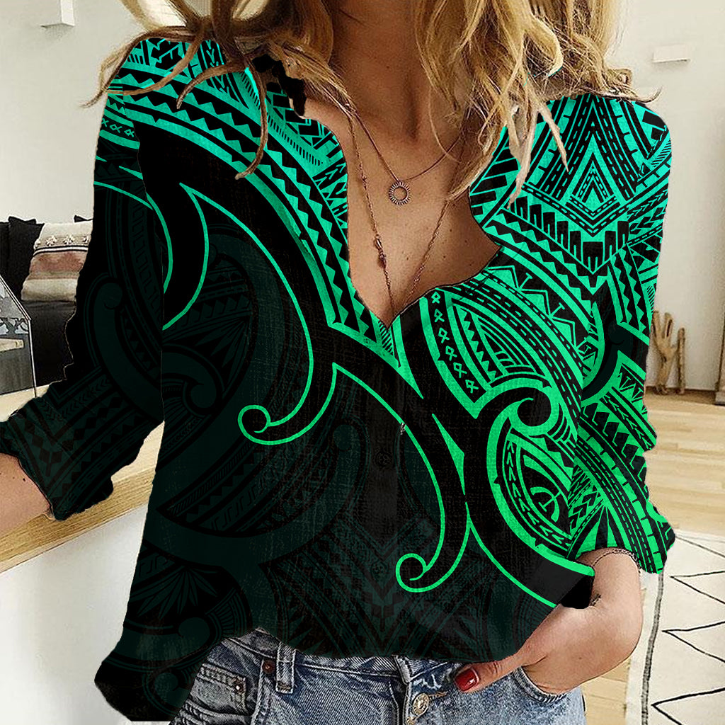 Custom Aotearoa Maori Koru Women Casual Shirt Polynesian Pacific Tribal - Green LT9 Female Green - Polynesian Pride
