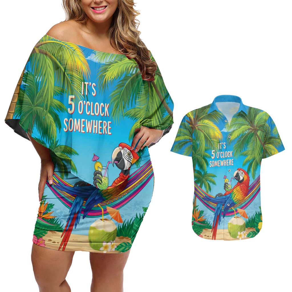 5 Oclock Somewhere Couples Matching Off Shoulder Short Dress and Hawaiian Shirt Hawaii Parrots Cocktail Summer Beach Vibe LT9 Blue - Polynesian Pride