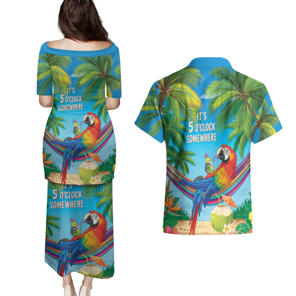 5 Oclock Somewhere Couples Matching Puletasi and Hawaiian Shirt Hawaii Parrots Cocktail Summer Beach Vibe - Polynesian Pride
