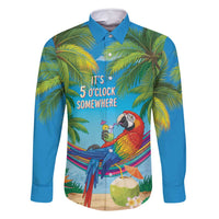 5 Oclock Somewhere Family Matching Long Sleeve Bodycon Dress and Hawaiian Shirt Hawaii Parrots Cocktail Summer Beach Vibe LT9 Dad's Shirt - Long Sleeve Blue - Polynesian Pride