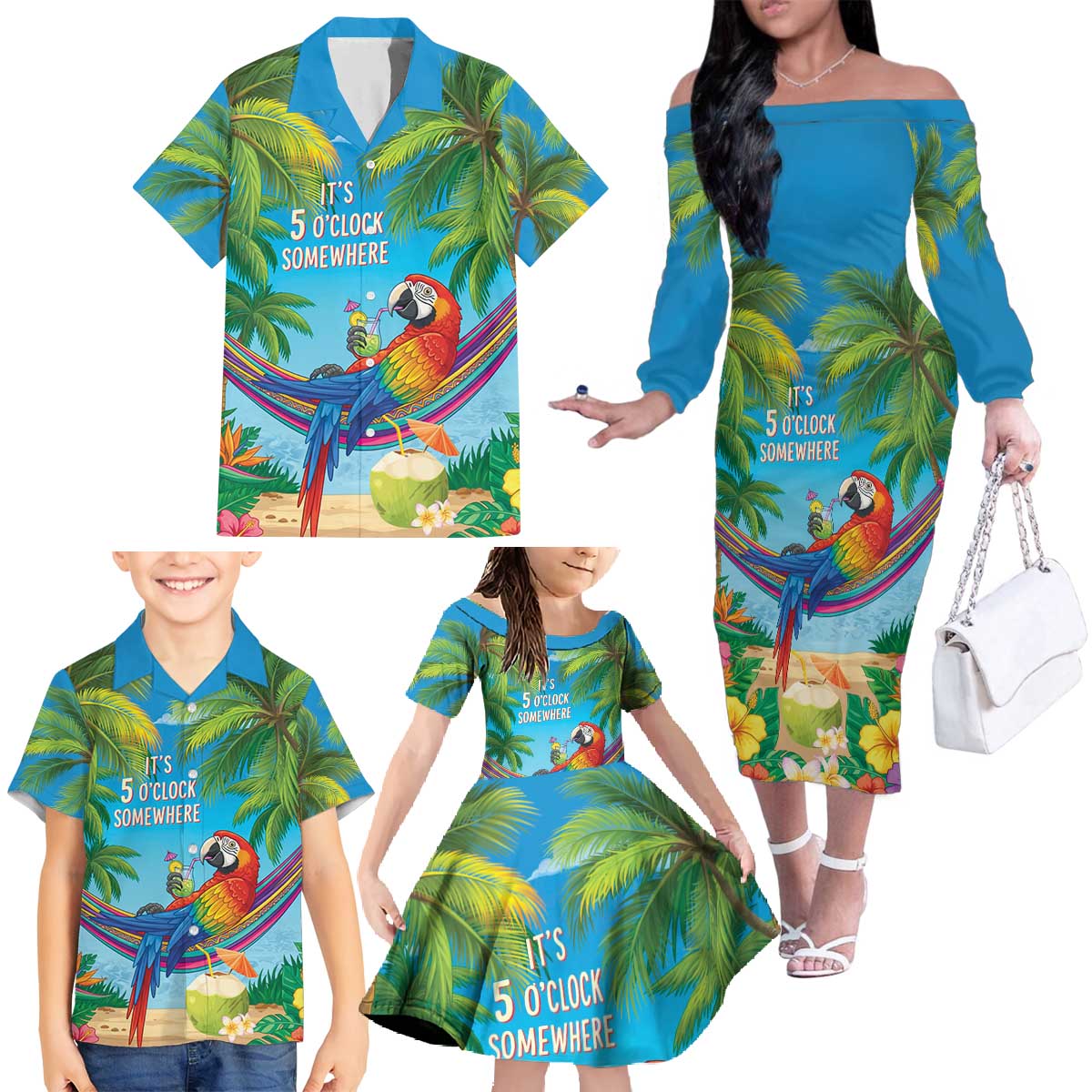5 Oclock Somewhere Family Matching Off The Shoulder Long Sleeve Dress and Hawaiian Shirt Hawaii Parrots Cocktail Summer Beach Vibe LT9 - Polynesian Pride