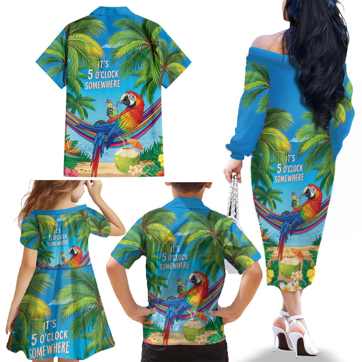 5 Oclock Somewhere Family Matching Off The Shoulder Long Sleeve Dress and Hawaiian Shirt Hawaii Parrots Cocktail Summer Beach Vibe LT9 - Polynesian Pride