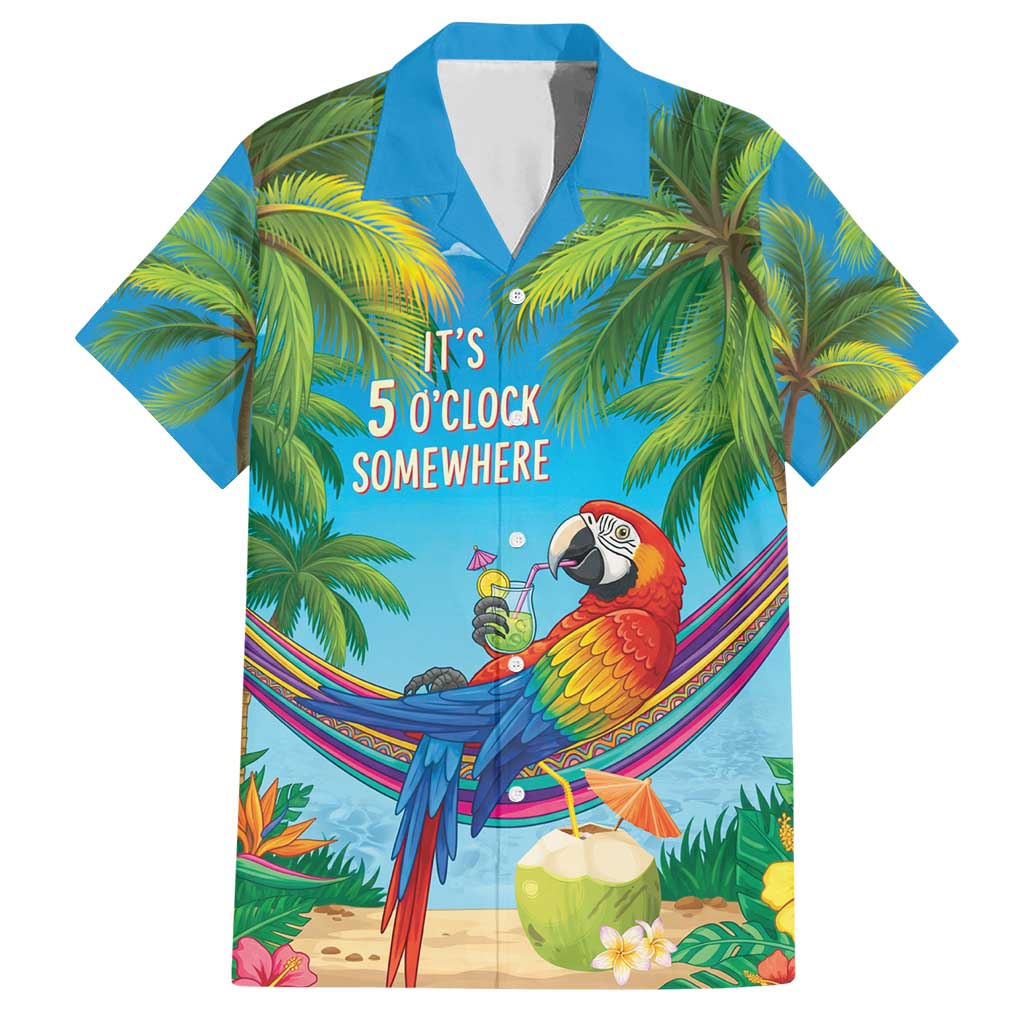 5 Oclock Somewhere Family Matching Short Sleeve Bodycon Dress and Hawaiian Shirt Hawaii Parrots Cocktail Summer Beach Vibe LT9 Dad's Shirt - Short Sleeve Blue - Polynesian Pride