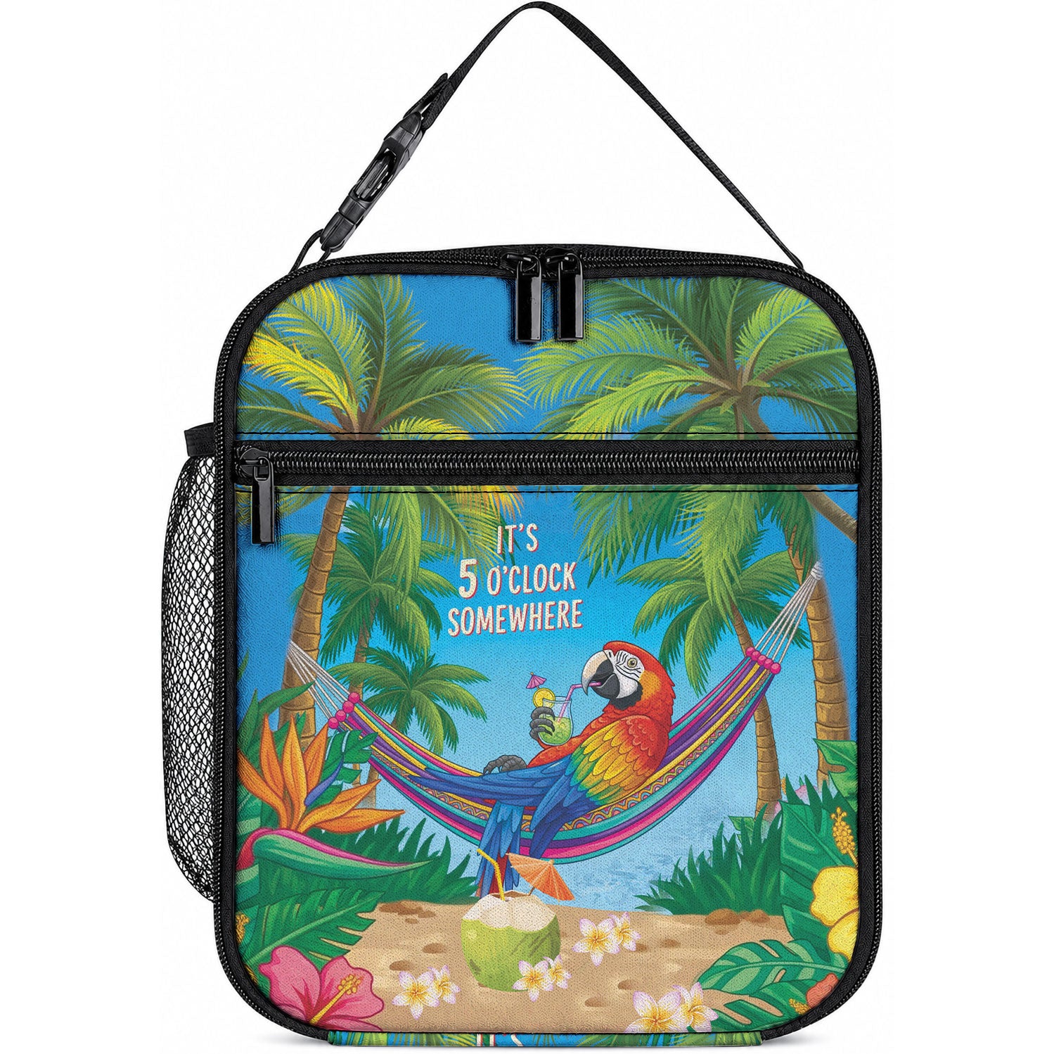 5 Oclock Somewhere Lunch Bag Hawaii Parrots Cocktail Summer Beach Vibe LT9 10.2 × 8.3 × 4.3 inch Blue - Polynesian Pride