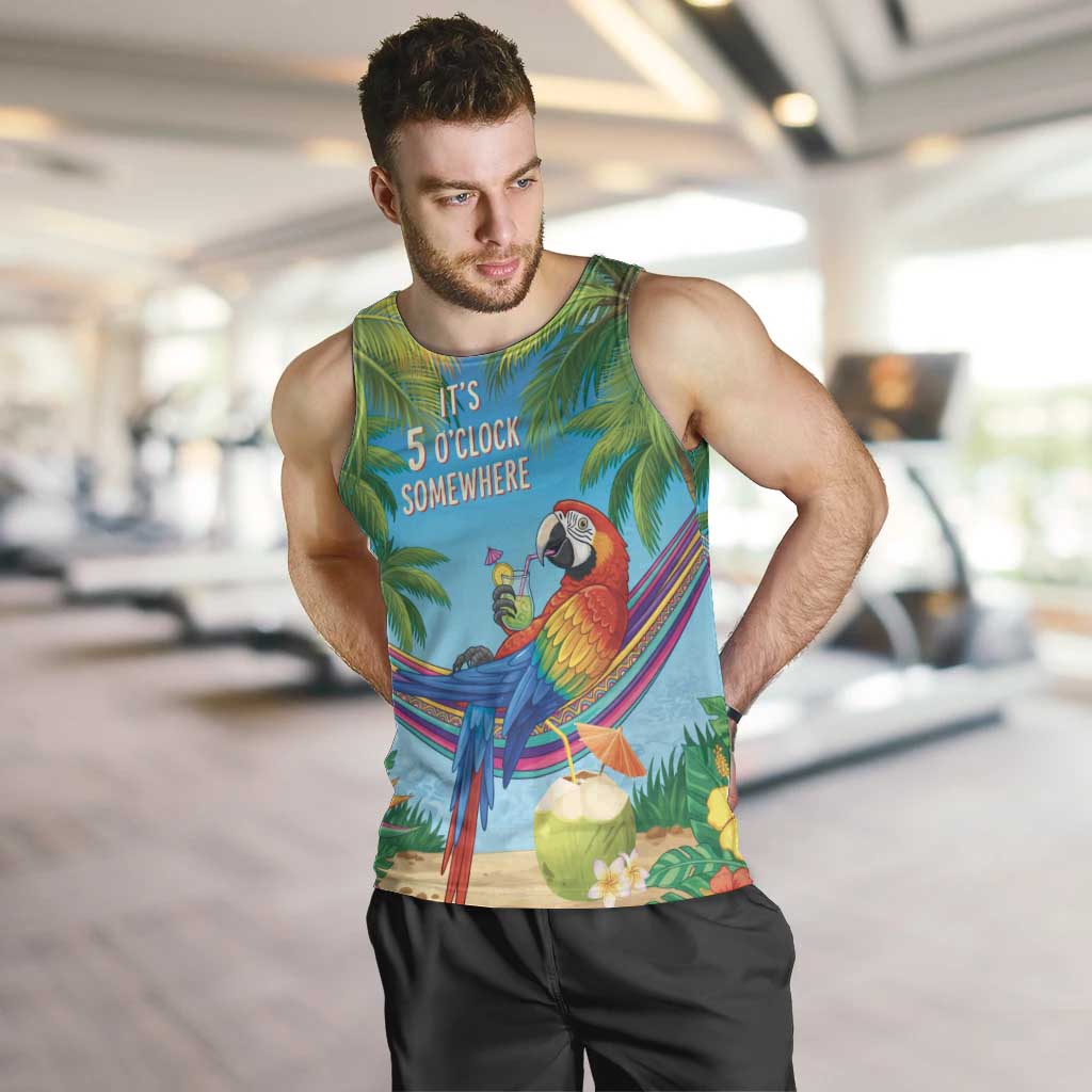 5 Oclock Somewhere Men Tank Top Hawaii Parrots Cocktail Summer Beach Vibe - Polynesian Pride
