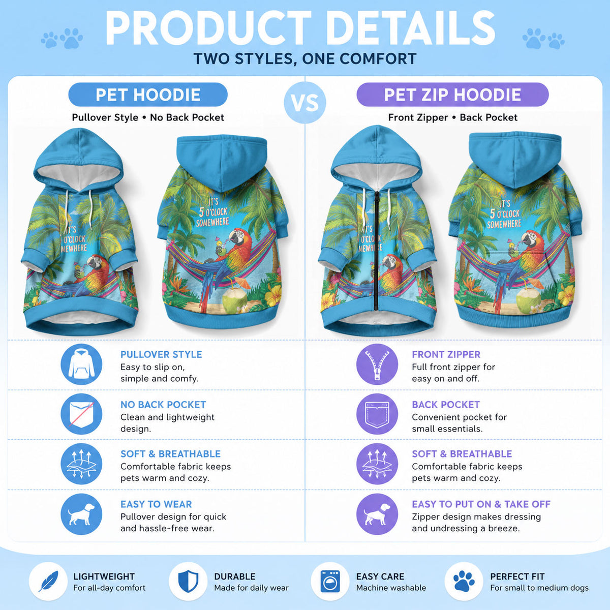 5 Oclock Somewhere Pet Hoodie Hawaii Parrots Cocktail Summer Beach Vibe LT9 - Polynesian Pride
