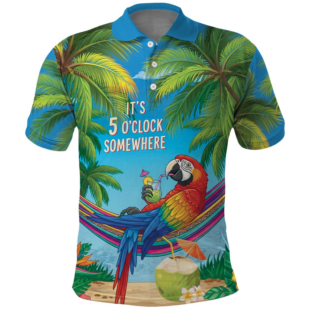 5 Oclock Somewhere Polo Shirt Hawaii Parrots Cocktail Summer Beach Vibe - Polynesian Pride