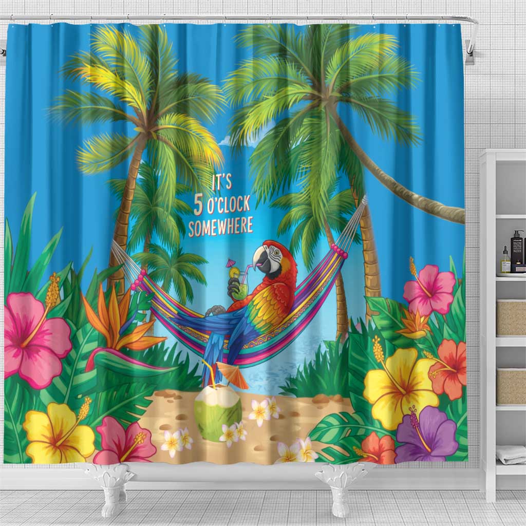 5 Oclock Somewhere Shower Curtain Hawaii Parrots Cocktail Summer Beach Vibe - Polynesian Pride