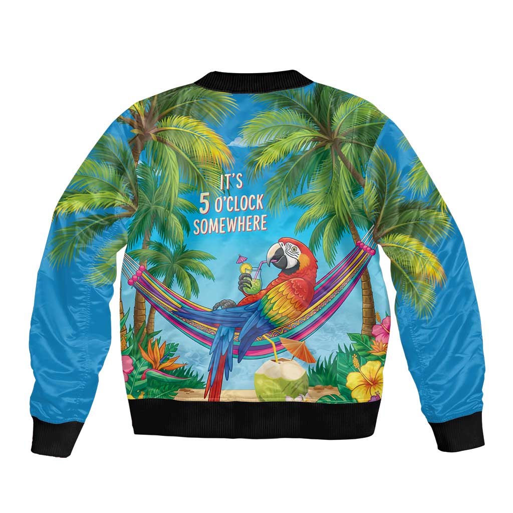 5 Oclock Somewhere Sleeve Zip Bomber Jacket Hawaii Parrots Cocktail Summer Beach Vibe - Polynesian Pride