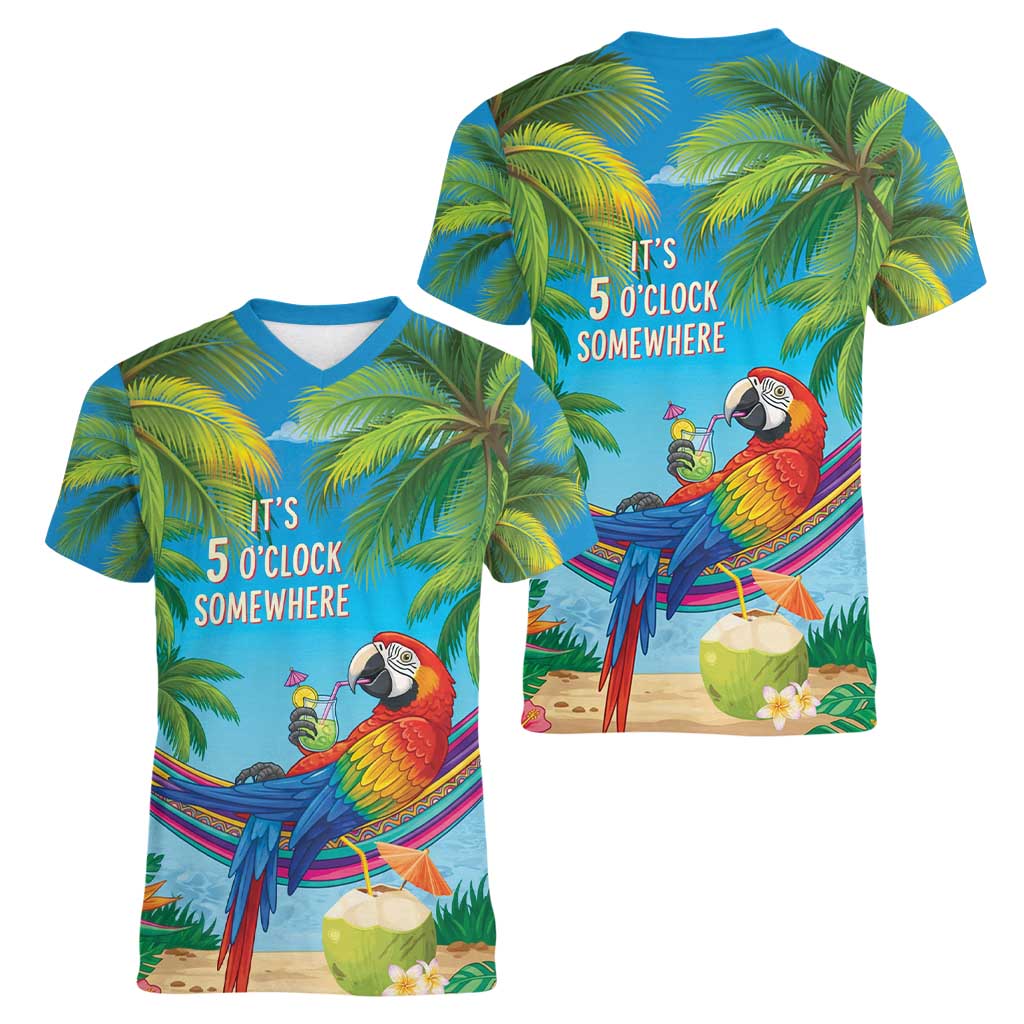 5 Oclock Somewhere Women V-Neck T-Shirt Hawaii Parrots Cocktail Summer Beach Vibe - Polynesian Pride