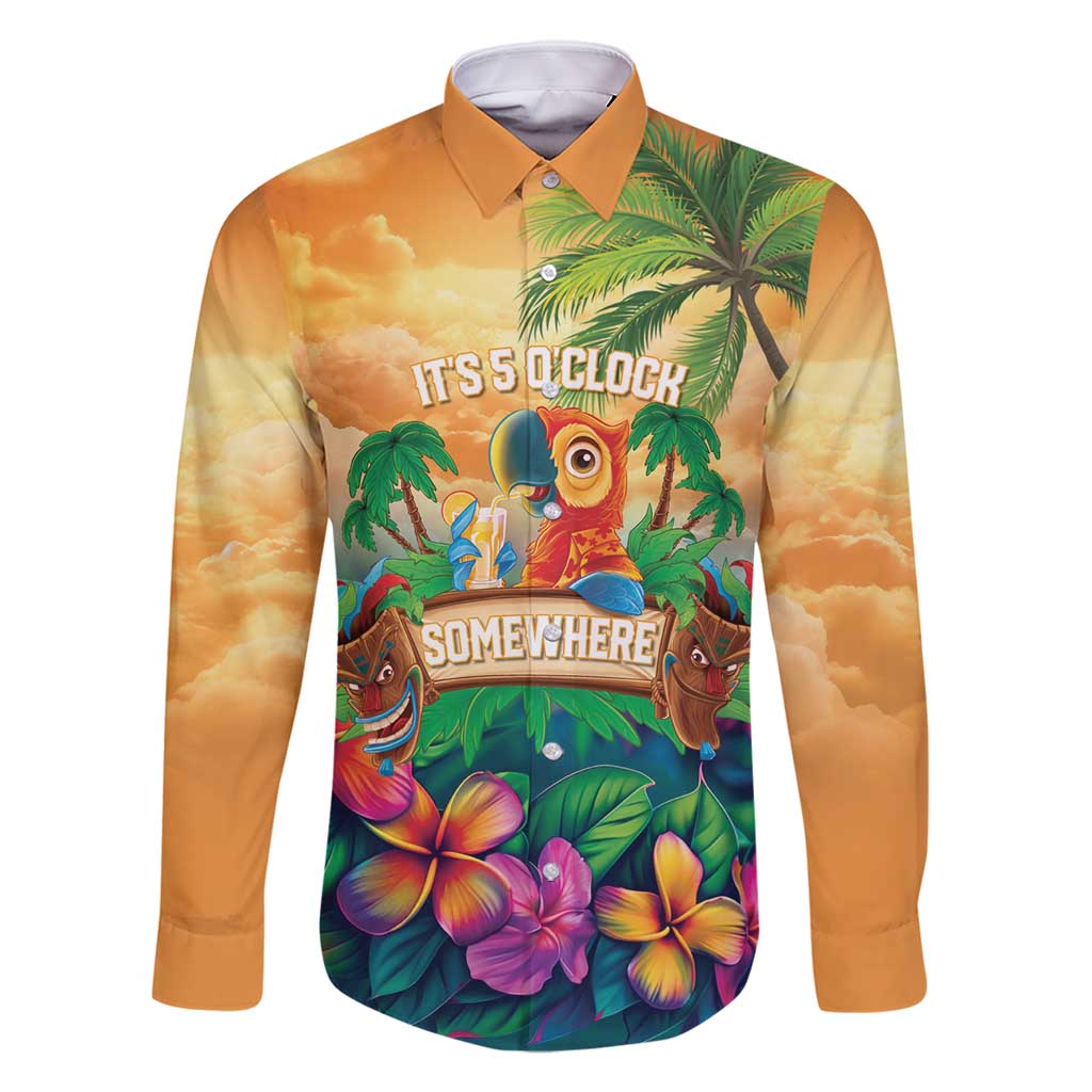 5 Oclock Somewhere Personalized Family Matching Mermaid Dress and Hawaiian Shirt Hawaii Parrots Plumeria Summer Vibe LT9 Dad's Shirt - Long Sleeve Yellow - Polynesian Pride