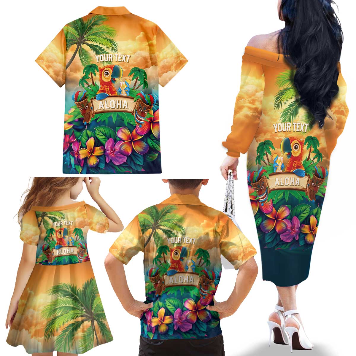 5 Oclock Somewhere Personalized Family Matching Off The Shoulder Long Sleeve Dress and Hawaiian Shirt Hawaii Parrots Plumeria Summer Vibe LT9 - Polynesian Pride