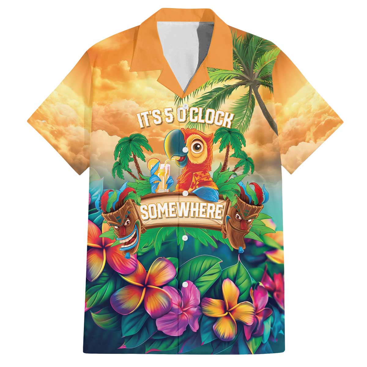 5 Oclock Somewhere Personalized Family Matching Off The Shoulder Long Sleeve Dress and Hawaiian Shirt Hawaii Parrots Plumeria Summer Vibe LT9 Dad's Shirt - Short Sleeve Yellow - Polynesian Pride