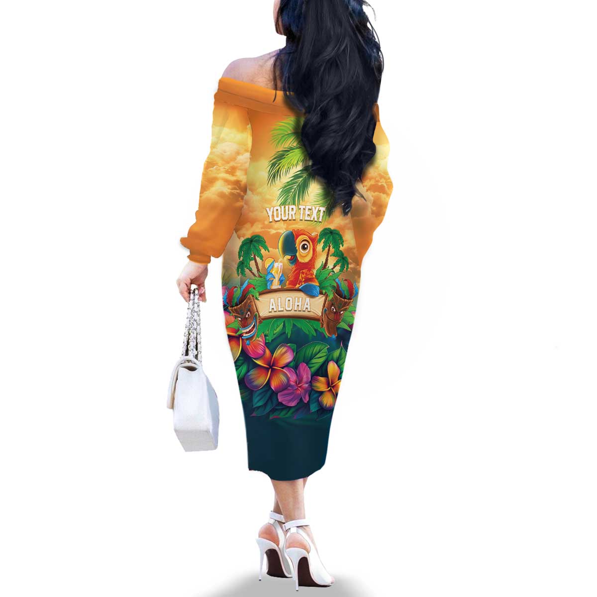 5 Oclock Somewhere Personalized Family Matching Off The Shoulder Long Sleeve Dress and Hawaiian Shirt Hawaii Parrots Plumeria Summer Vibe LT9 - Polynesian Pride