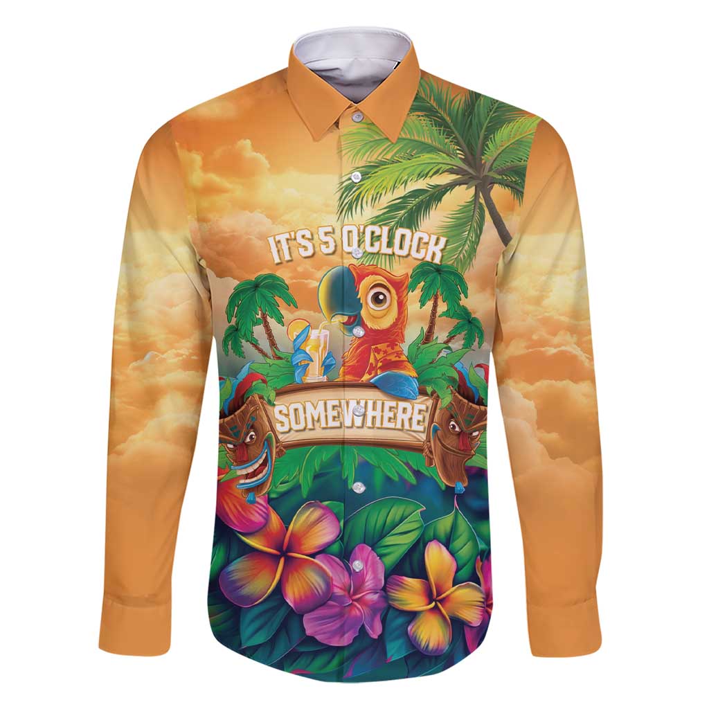 5 Oclock Somewhere Personalized Family Matching Short Sleeve Bodycon Dress and Hawaiian Shirt Hawaii Parrots Plumeria Summer Vibe LT9 Dad's Shirt - Long Sleeve Yellow - Polynesian Pride