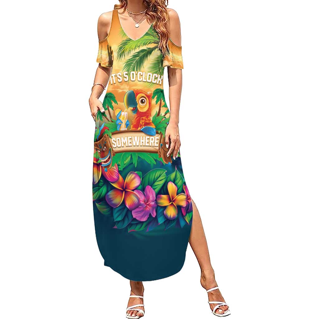 5 Oclock Somewhere Personalized Family Matching Summer Maxi Dress and Hawaiian Shirt Hawaii Parrots Plumeria Summer Vibe - Polynesian Pride