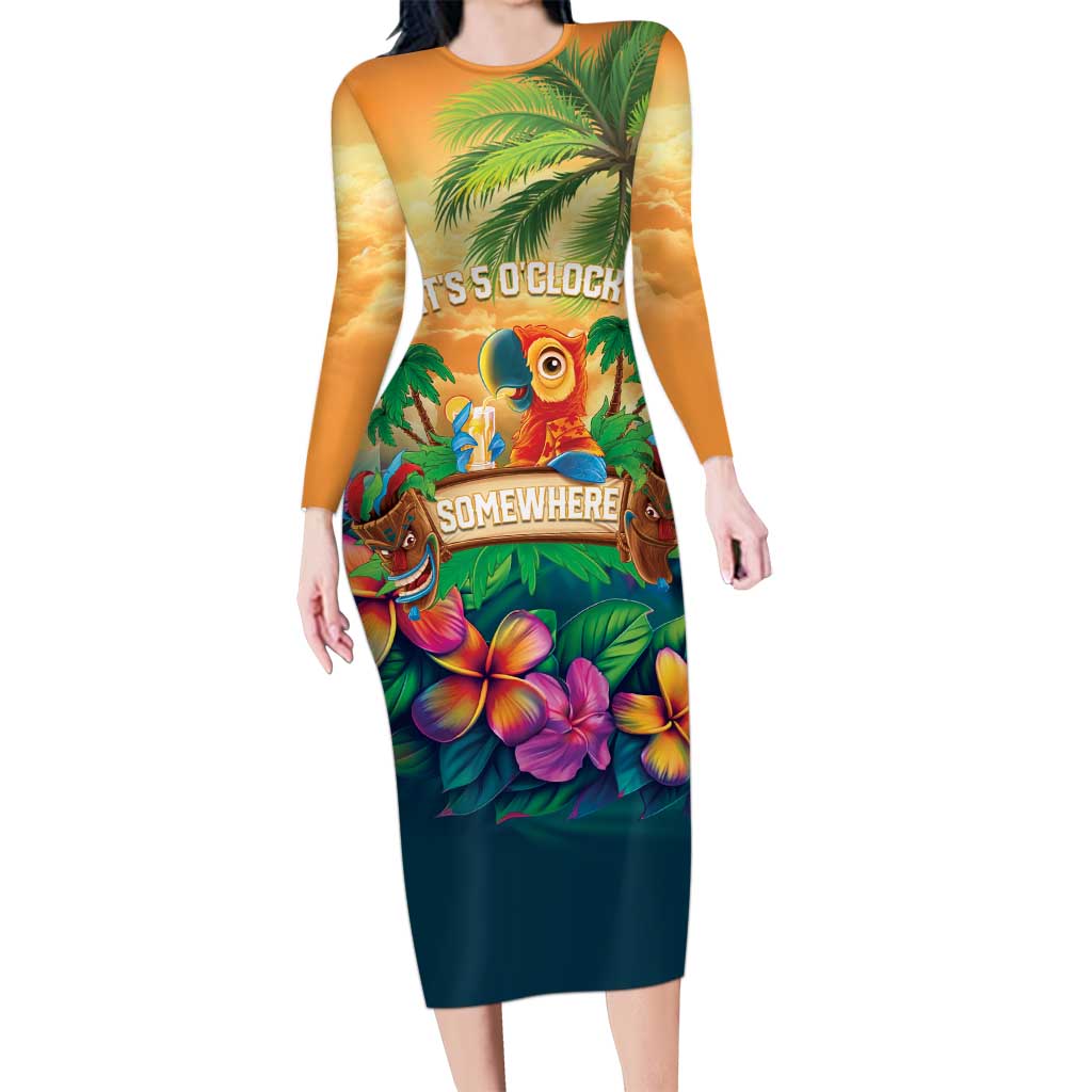 5 Oclock Somewhere Personalized Long Sleeve Bodycon Dress Hawaii Parrots Plumeria Summer Vibe - Polynesian Pride