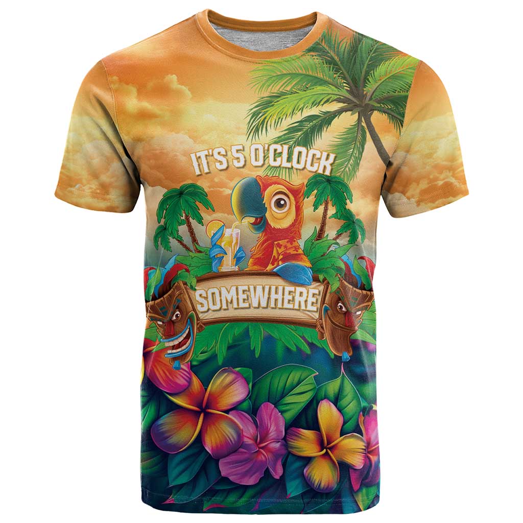 5 Oclock Somewhere Personalized T Shirt Hawaii Parrots Plumeria Summer Vibe - Polynesian Pride
