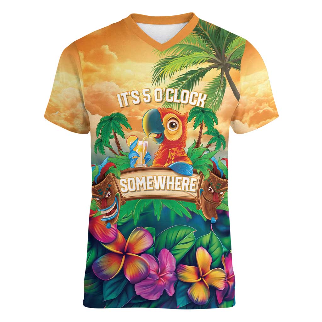 5 Oclock Somewhere Personalized Women V-Neck T-Shirt Hawaii Parrots Plumeria Summer Vibe - Polynesian Pride