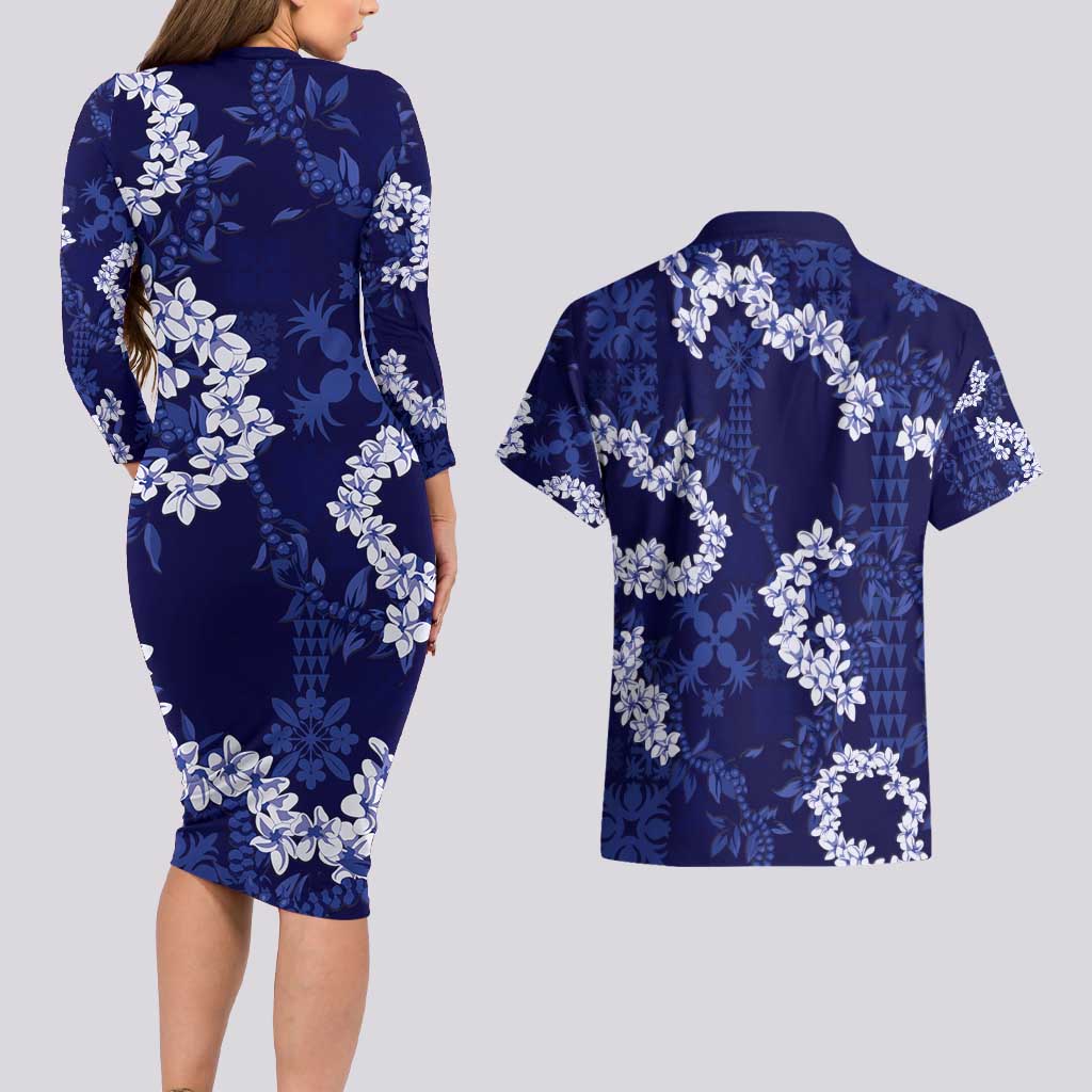Mokihana Maile and Ilima Leis Couples Matching Long Sleeve Bodycon Dress and Hawaiian Shirt Uliuli Hawaiian Tapa Quilt Pattern - Polynesian Pride