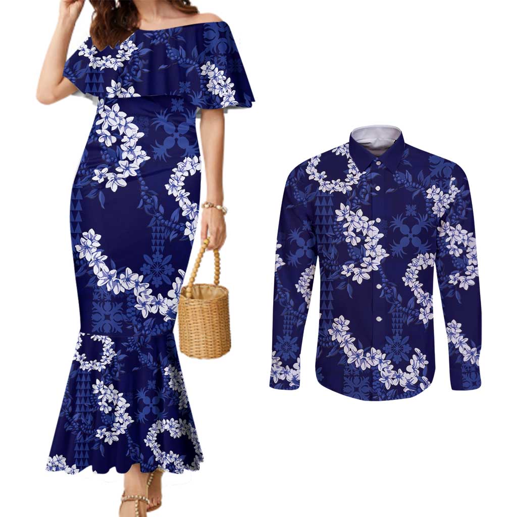 Mokihana Maile and Ilima Leis Couples Matching Mermaid Dress and Long Sleeve Button Shirt Uliuli Hawaiian Tapa Quilt Pattern - Polynesian Pride