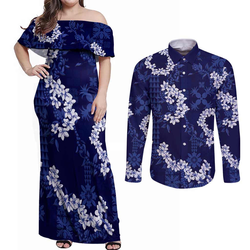 Mokihana Maile and Ilima Leis Couples Matching Off Shoulder Maxi Dress and Long Sleeve Button Shirt Uliuli Hawaiian Tapa Quilt Pattern LT9 Blue - Polynesian Pride