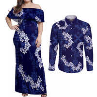 Mokihana Maile and Ilima Leis Couples Matching Off Shoulder Maxi Dress and Long Sleeve Button Shirt Uliuli Hawaiian Tapa Quilt Pattern LT9 Blue - Polynesian Pride