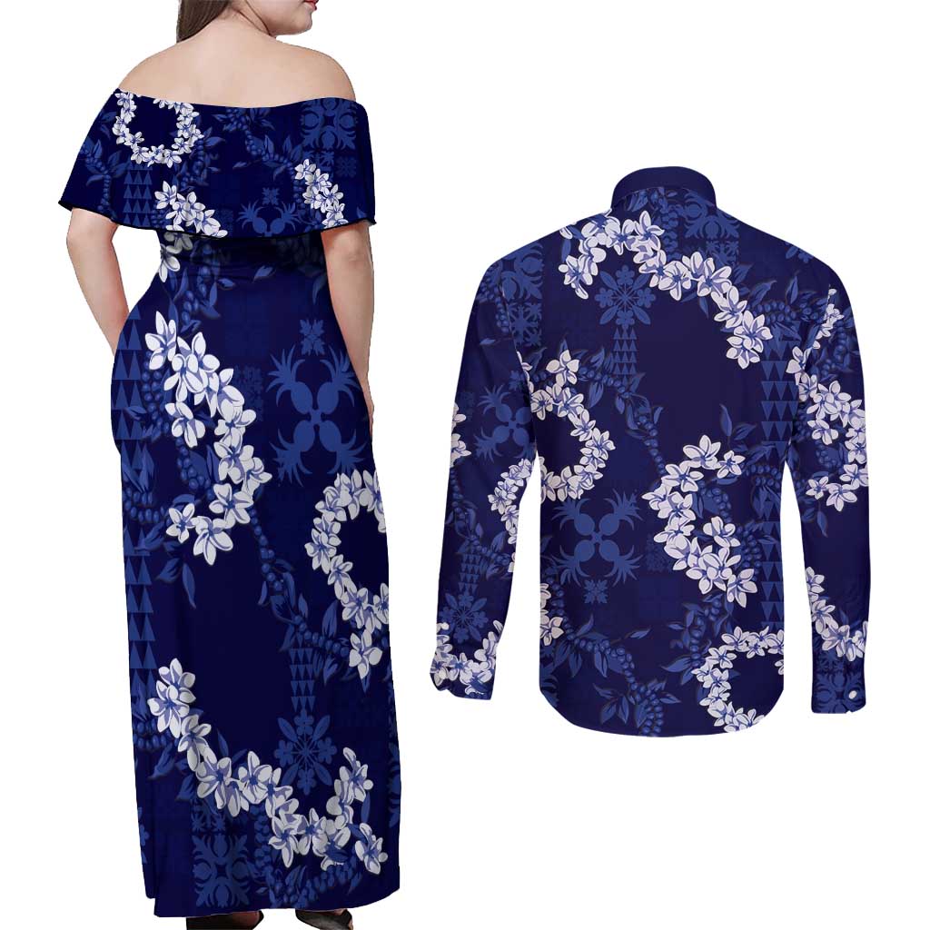 Mokihana Maile and Ilima Leis Couples Matching Off Shoulder Maxi Dress and Long Sleeve Button Shirt Uliuli Hawaiian Tapa Quilt Pattern LT9 - Polynesian Pride