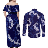 Mokihana Maile and Ilima Leis Couples Matching Off Shoulder Maxi Dress and Long Sleeve Button Shirt Uliuli Hawaiian Tapa Quilt Pattern LT9 - Polynesian Pride