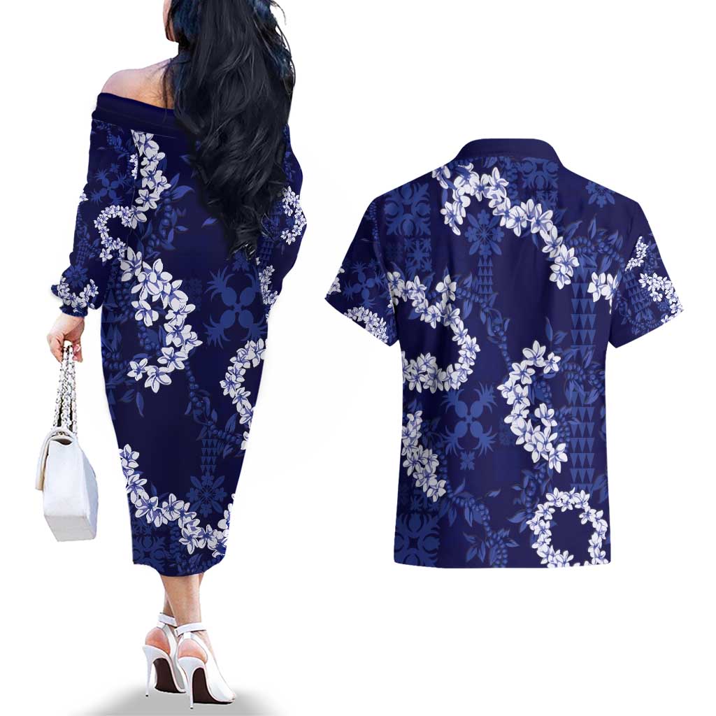 Mokihana Maile and Ilima Leis Couples Matching Off The Shoulder Long Sleeve Dress and Hawaiian Shirt Uliuli Hawaiian Tapa Quilt Pattern - Polynesian Pride