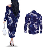 Mokihana Maile and Ilima Leis Couples Matching Off The Shoulder Long Sleeve Dress and Long Sleeve Button Shirt Uliuli Hawaiian Tapa Quilt Pattern LT9 - Polynesian Pride