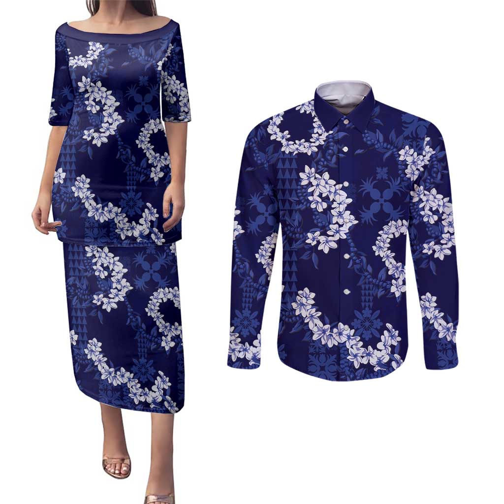 Mokihana Maile and Ilima Leis Couples Matching Puletasi and Long Sleeve Button Shirt Uliuli Hawaiian Tapa Quilt Pattern - Polynesian Pride