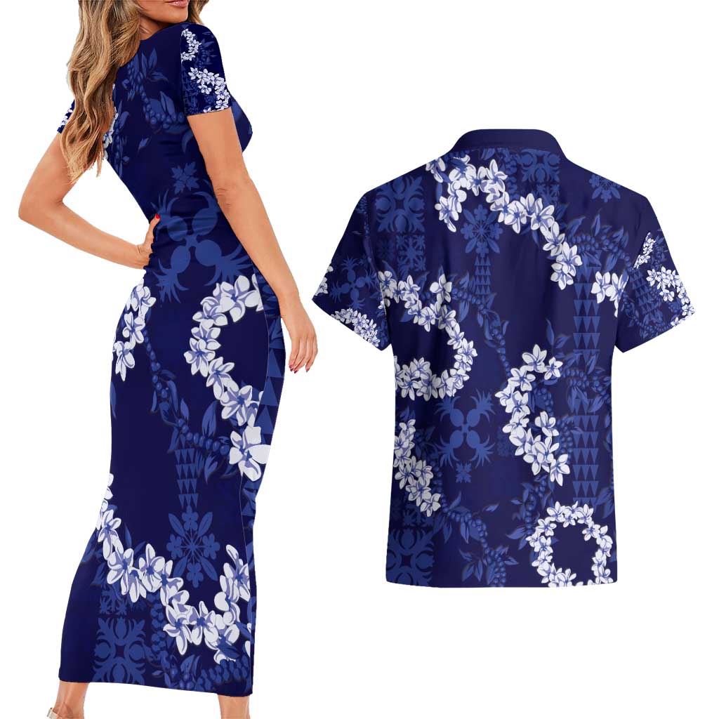 Mokihana Maile and Ilima Leis Couples Matching Short Sleeve Bodycon Dress and Hawaiian Shirt Uliuli Hawaiian Tapa Quilt Pattern - Polynesian Pride