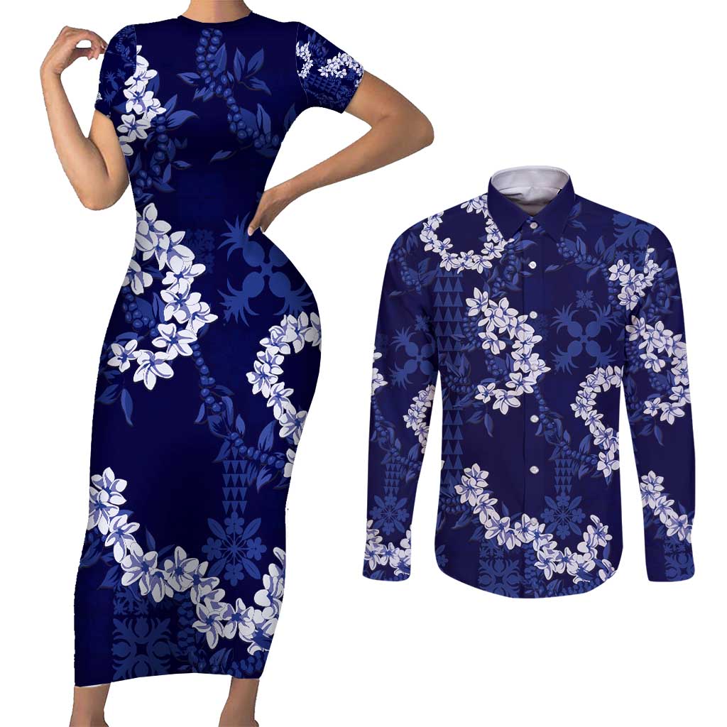 Mokihana Maile and Ilima Leis Couples Matching Short Sleeve Bodycon Dress and Long Sleeve Button Shirt Uliuli Hawaiian Tapa Quilt Pattern - Polynesian Pride