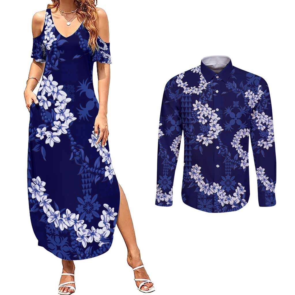 Mokihana Maile and Ilima Leis Couples Matching Summer Maxi Dress and Long Sleeve Button Shirt Uliuli Hawaiian Tapa Quilt Pattern LT9 Blue - Polynesian Pride