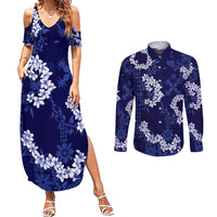 Mokihana Maile and Ilima Leis Couples Matching Summer Maxi Dress and Long Sleeve Button Shirt Uliuli Hawaiian Tapa Quilt Pattern LT9 Blue - Polynesian Pride