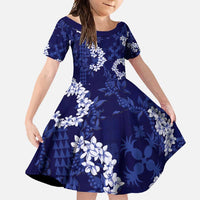 Mokihana Maile and Ilima Leis Family Matching Long Sleeve Bodycon Dress and Hawaiian Shirt Uliuli Hawaiian Tapa Quilt Pattern LT9 Daughter's Dress Blue - Polynesian Pride