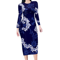 Mokihana Maile and Ilima Leis Family Matching Long Sleeve Bodycon Dress and Hawaiian Shirt Uliuli Hawaiian Tapa Quilt Pattern LT9 Mom's Dress Blue - Polynesian Pride
