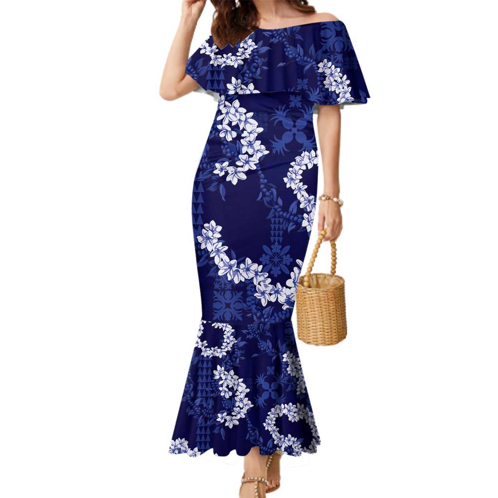 Mokihana Maile and Ilima Leis Family Matching Mermaid Dress and Hawaiian Shirt Uliuli Hawaiian Tapa Quilt Pattern LT9 Mom's Dress Blue - Polynesian Pride