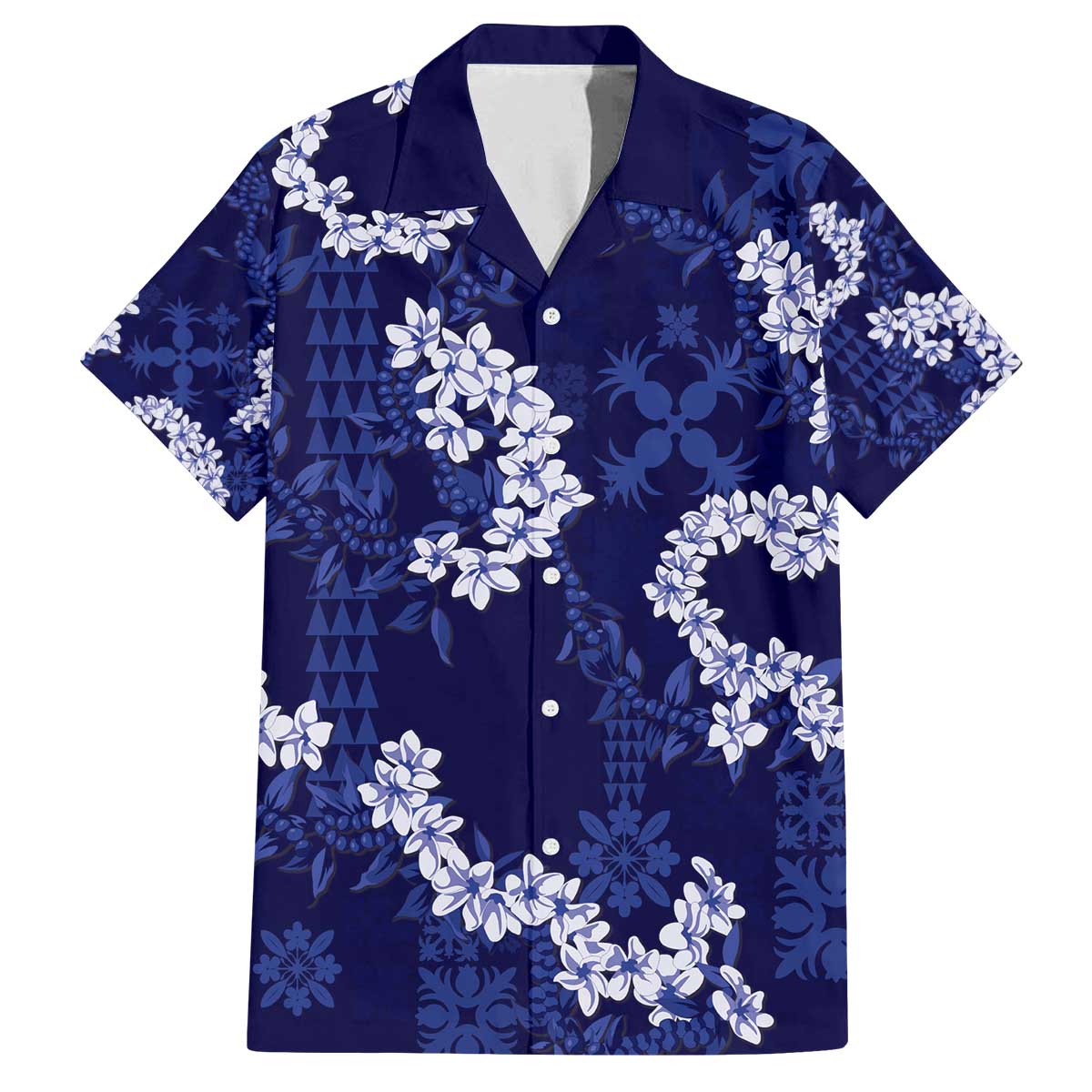 Mokihana Maile and Ilima Leis Family Matching Off The Shoulder Long Sleeve Dress and Hawaiian Shirt Uliuli Hawaiian Tapa Quilt Pattern LT9 Dad's Shirt - Short Sleeve Blue - Polynesian Pride