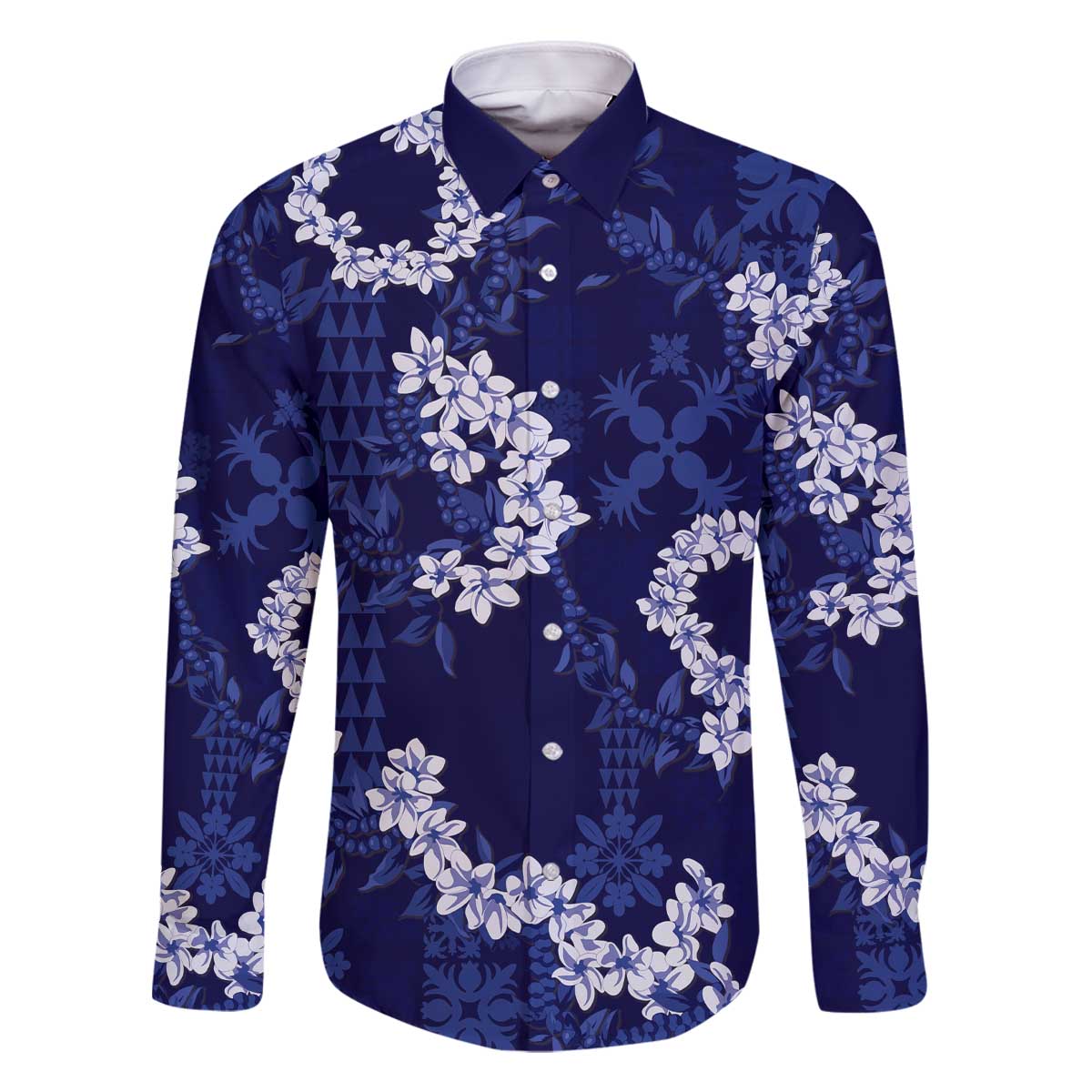 Mokihana Maile and Ilima Leis Family Matching Off The Shoulder Long Sleeve Dress and Hawaiian Shirt Uliuli Hawaiian Tapa Quilt Pattern LT9 Dad's Shirt - Long Sleeve Blue - Polynesian Pride