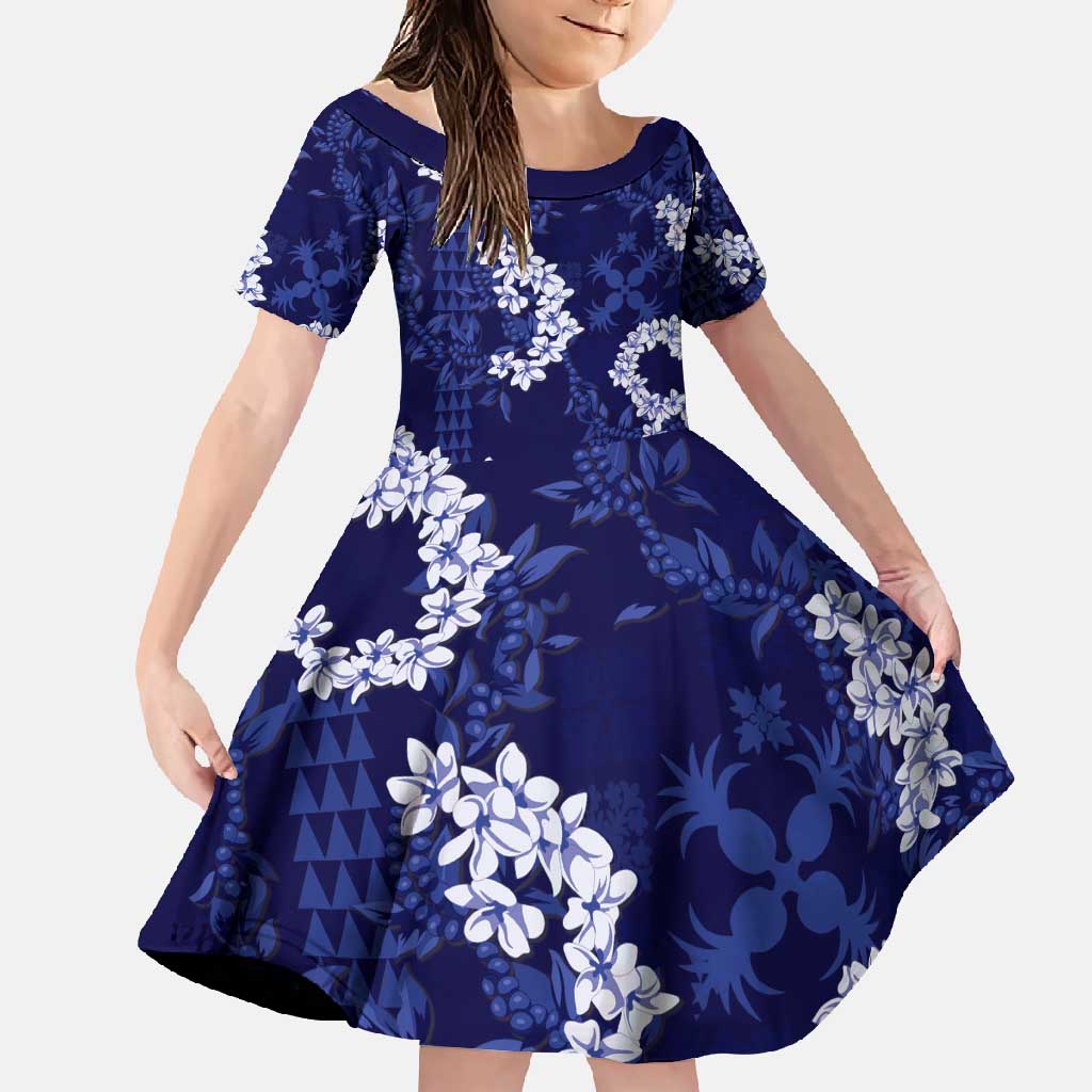 Mokihana Maile and Ilima Leis Family Matching Off Shoulder Maxi Dress and Hawaiian Shirt Uliuli Hawaiian Tapa Quilt Pattern LT9 Daughter's Dress Blue - Polynesian Pride